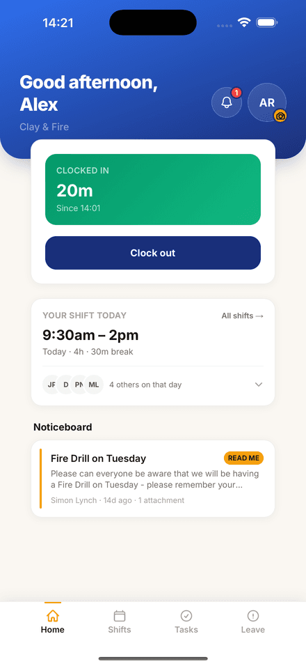 StaffIt on a phone, showing the employee clocked in, their shift for the day, who else is working and the noticeboard.